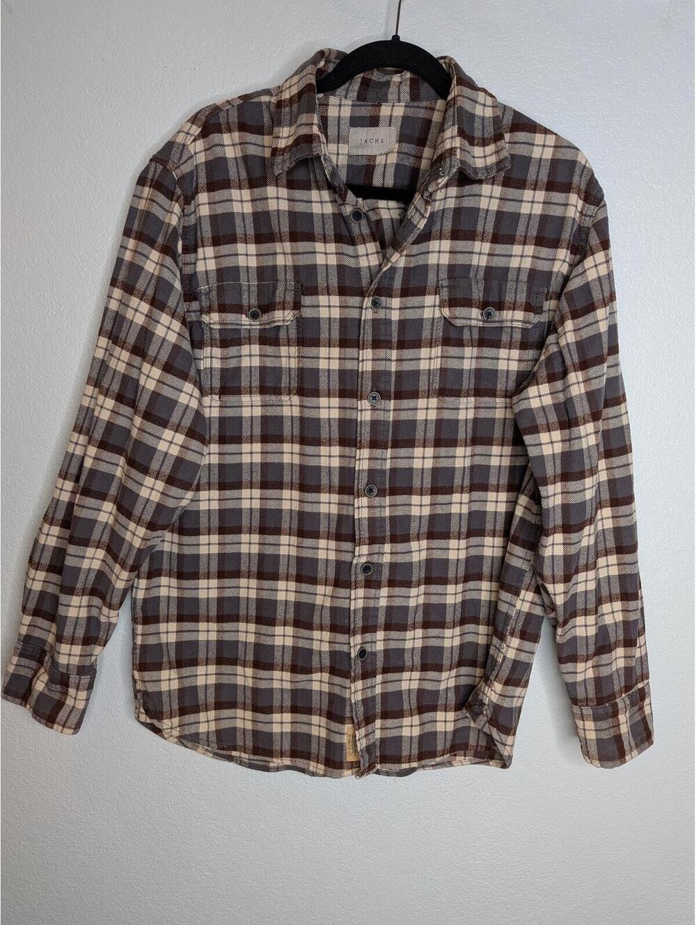 JACHS Men’s Flannel Button Up Shirt Brown Gray Plaid Long Sleeve Size Large